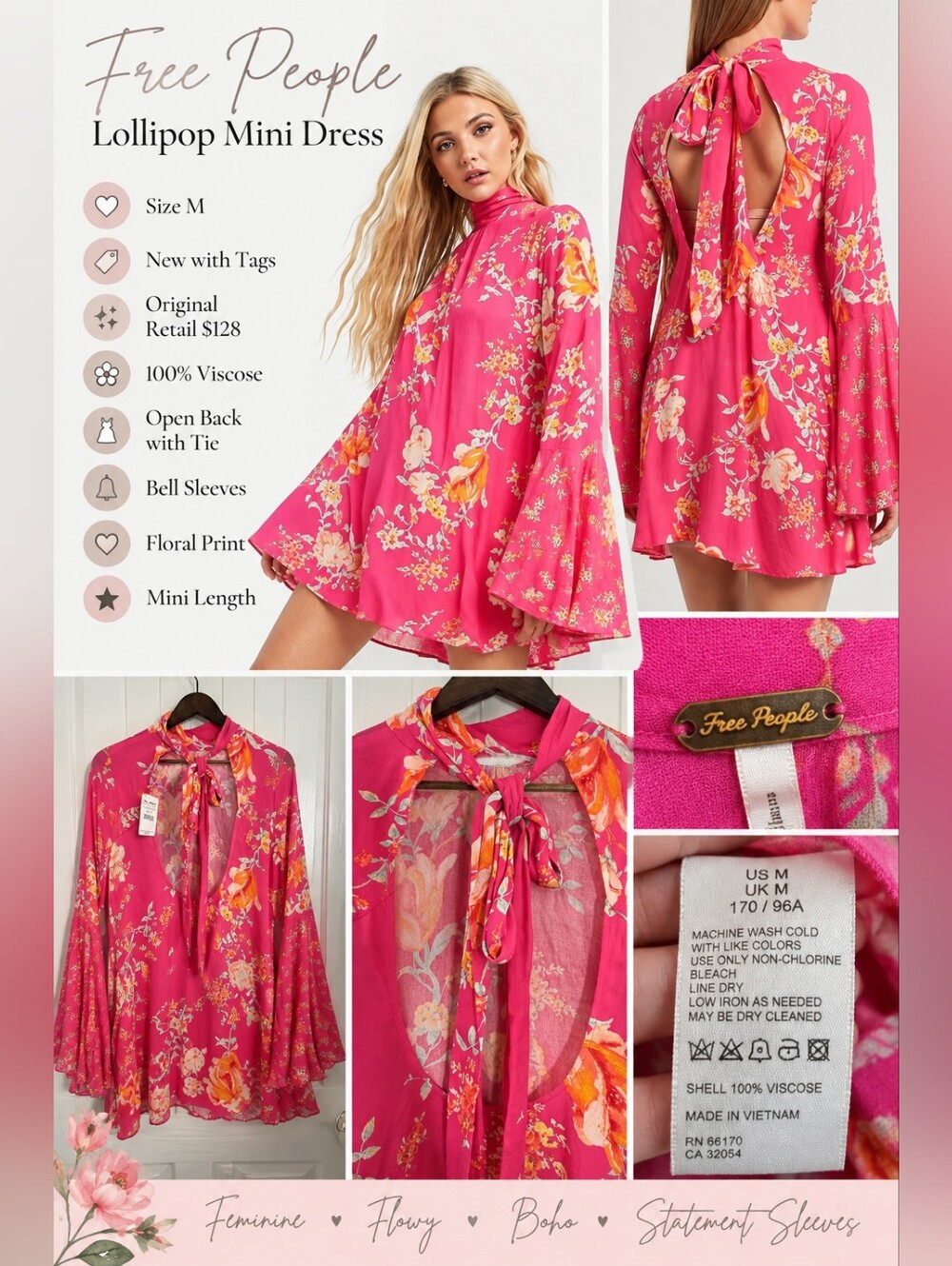 Free People Lollipop Floral Mini Dress Size M NWT Open Back Bell Sleeve